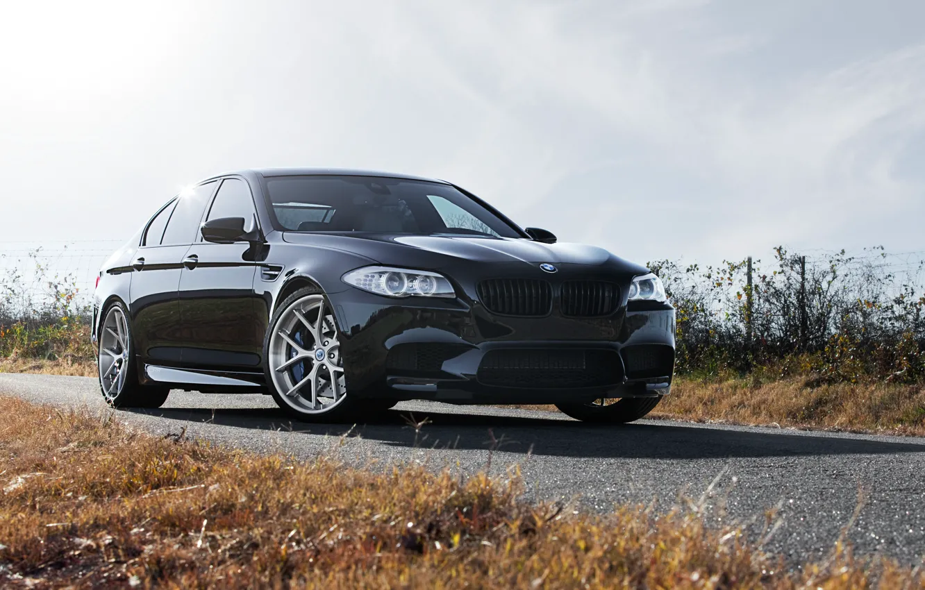 Photo wallpaper the sky, clouds, black, BMW, BMW, black, front view, f10