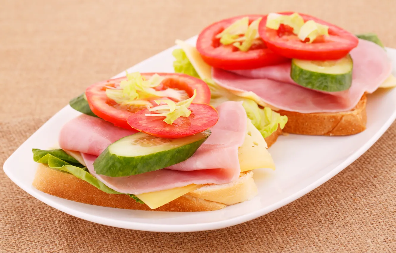 Photo wallpaper cheese, tomatoes, cucumbers, sandwiches, ham