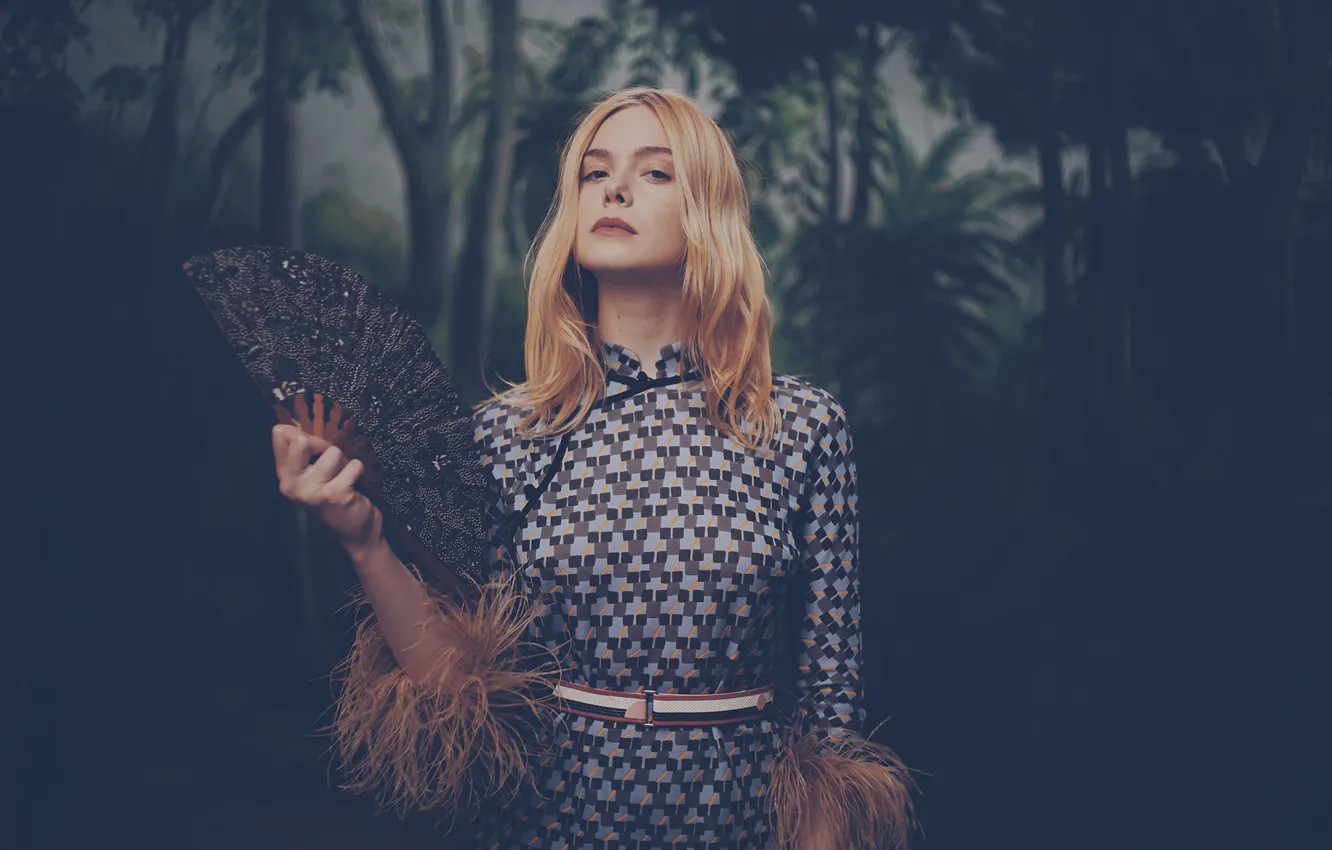 Photo wallpaper look, girl, pose, dress, fan, Elle Fanning