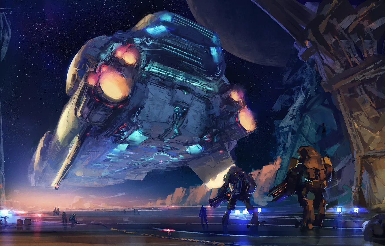 Photo wallpaper the sky, stars, fiction, ship, robot, art, sci-fi