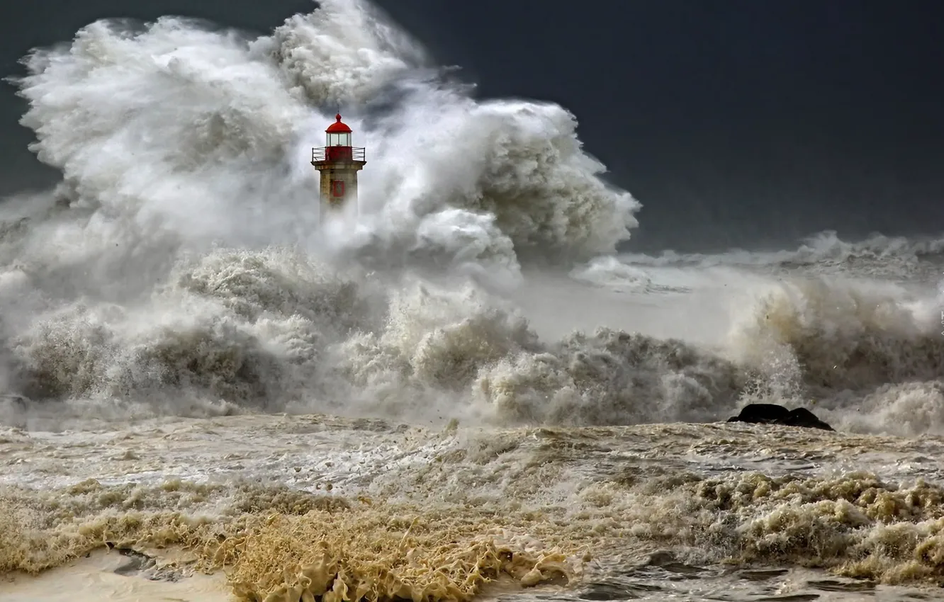 Photo wallpaper sea, wave, squirt, storm, lighthouse, Portugal, Port, The lighthouse of Felgueiras