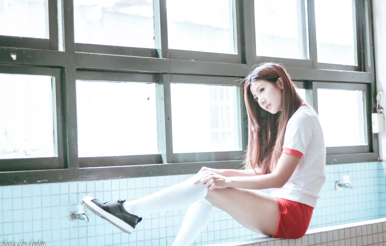 Photo wallpaper girl, shorts, beautiful, model, asian, sneakers, KNEE SOCKS