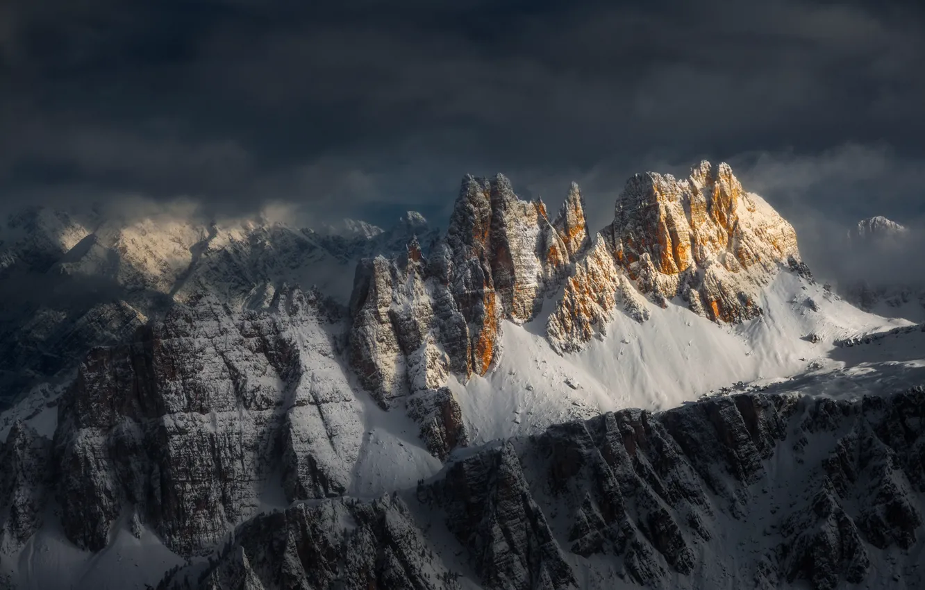 Photo wallpaper winter, light, snow, mountains, rocks