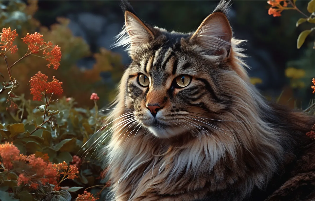 Wallpaper flowers, look, AI art, garden, Maine Coon, face, leaves, cat ...