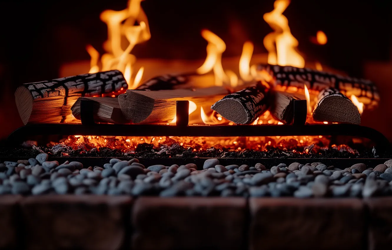 Photo wallpaper lights, stones, flame, heat, wood, fireplace, burning, logs