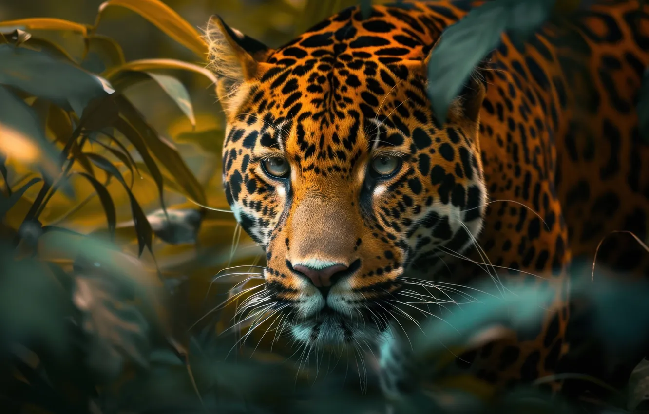 Photo wallpaper look, face, leaves, thickets, portrait, jungle, Jaguar, AI art