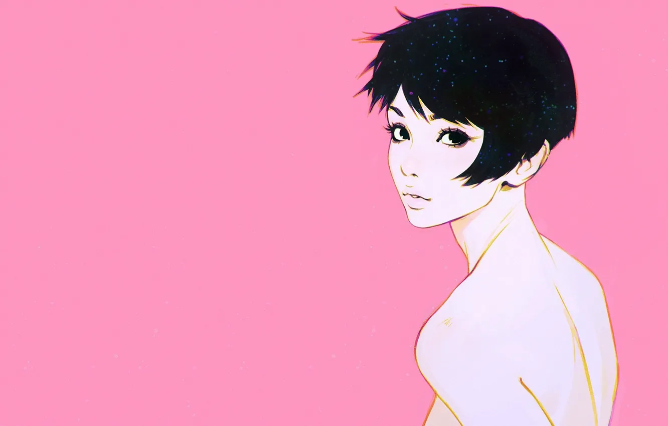 Photo wallpaper haircut, pink background, bangs, portrait of a girl, half a turn, Ilya Kuvshinov, neck shoulders