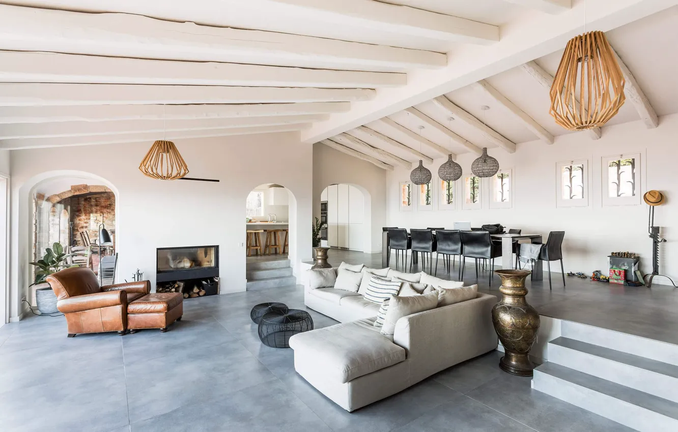 Photo wallpaper Villa, interior, fireplace, living room, dining room, House in Platja d'Aro