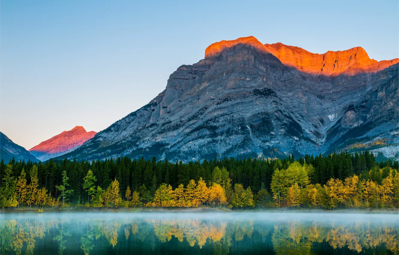 Photo wallpaper autumn, forest, landscape, sunset, mountains, fog, lake, Canada