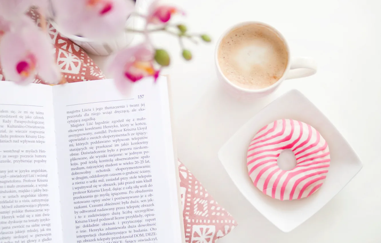 Photo wallpaper coffee, Cup, book, donut