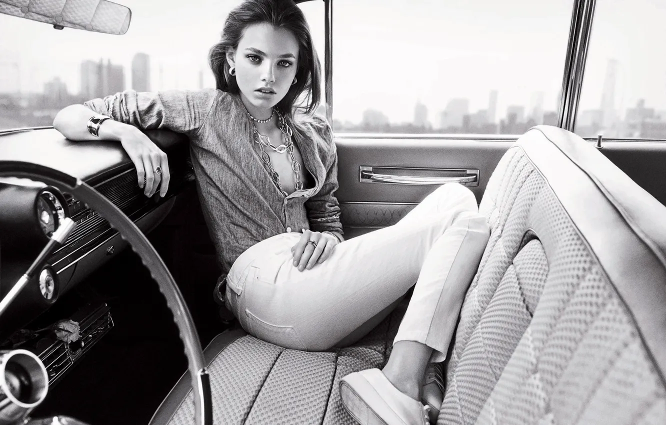 Photo wallpaper look, girl, sweetheart, model, the wheel, black and white, beautiful, in the car