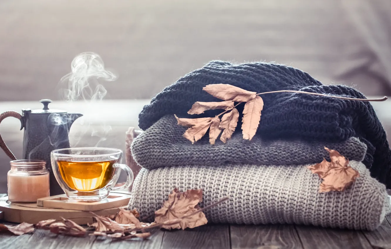 Photo wallpaper autumn, leaves, wool, autumn, leaves, sweater, Cup of tea, tea cup