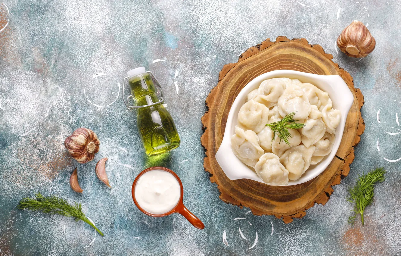 Photo wallpaper oil, garlic, sour cream, dumplings