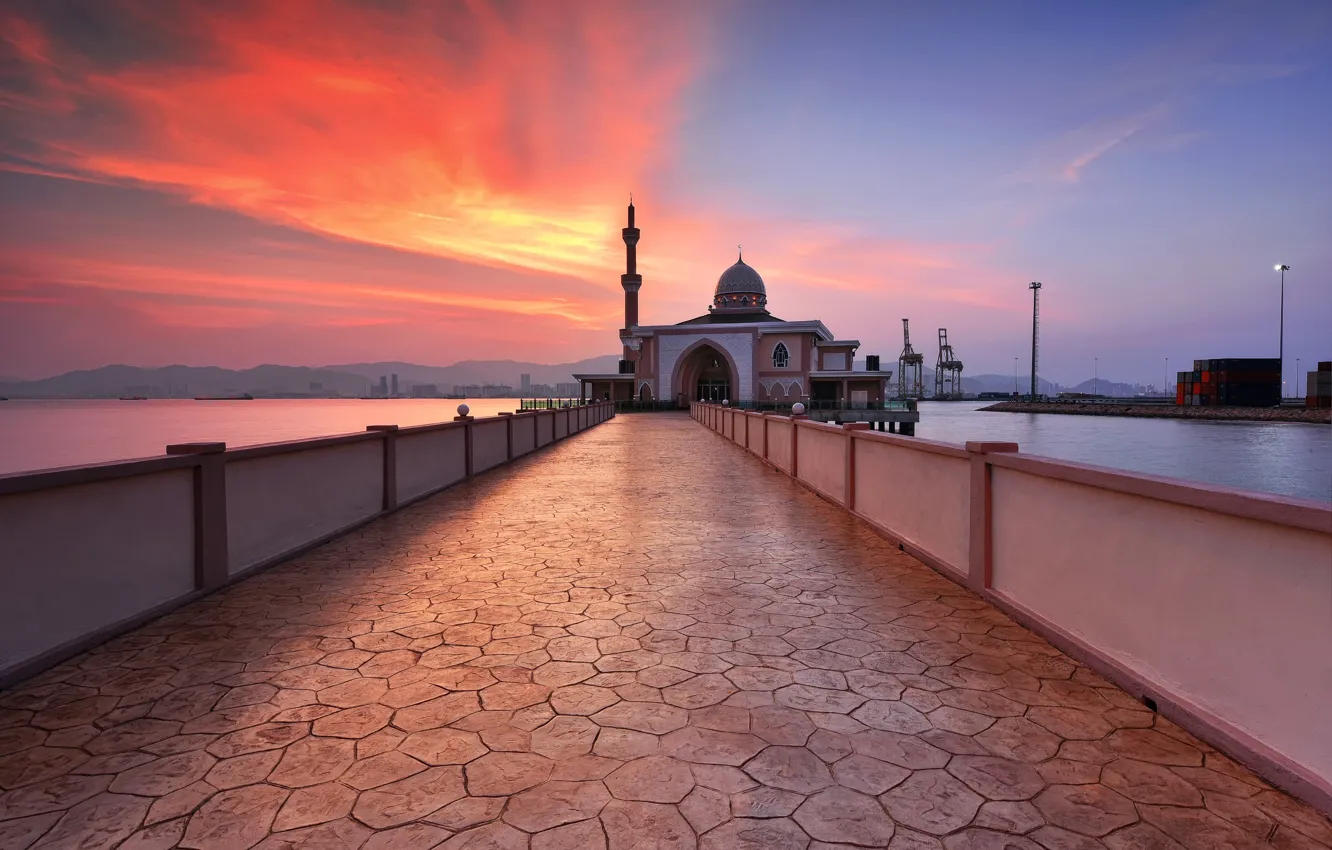 Photo wallpaper sunset, Penang, malaysia, Port Mosque