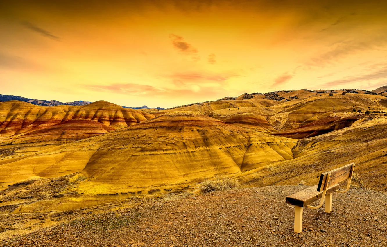 Photo wallpaper mountains, nature, bench