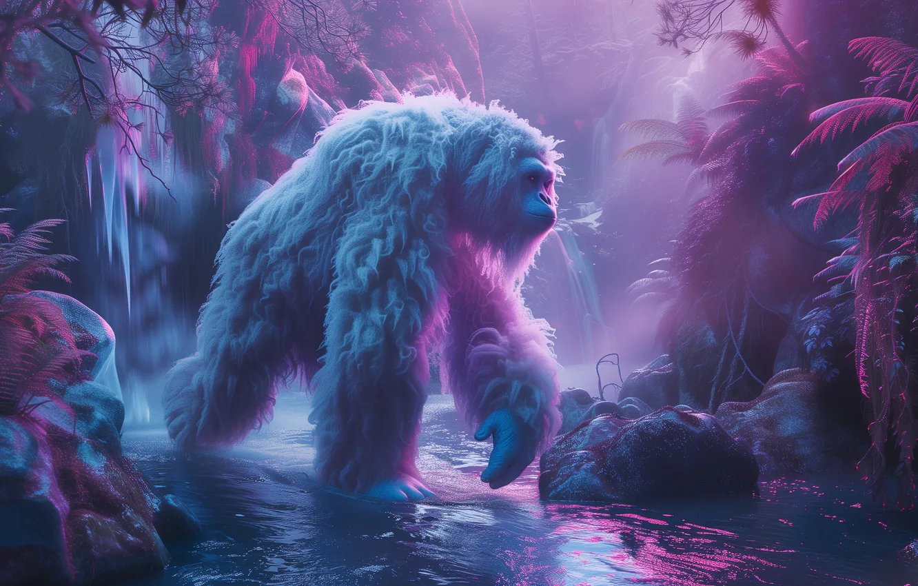 Photo wallpaper forest, being, river, Yeti, Bigfoot, digital art, Bigfoot, AI art