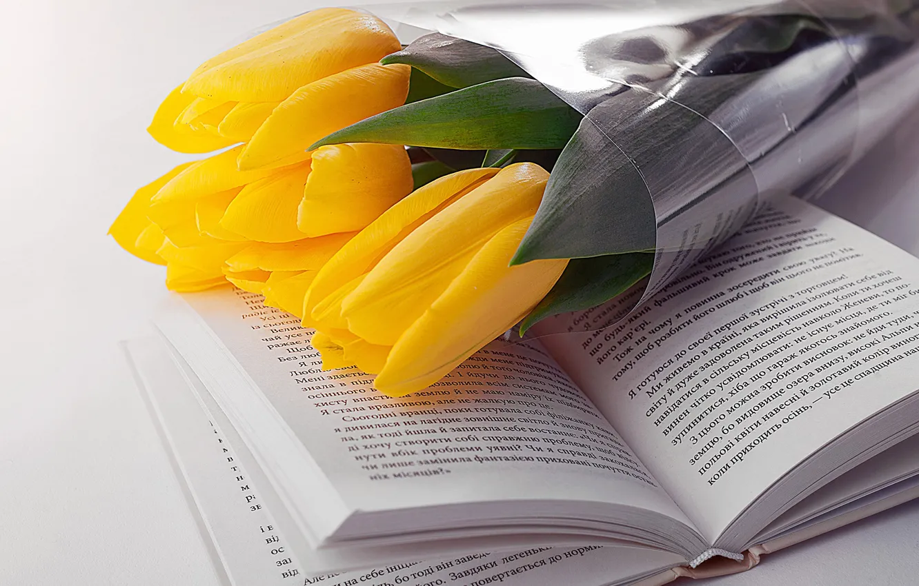 Photo wallpaper yellow, tulips, book