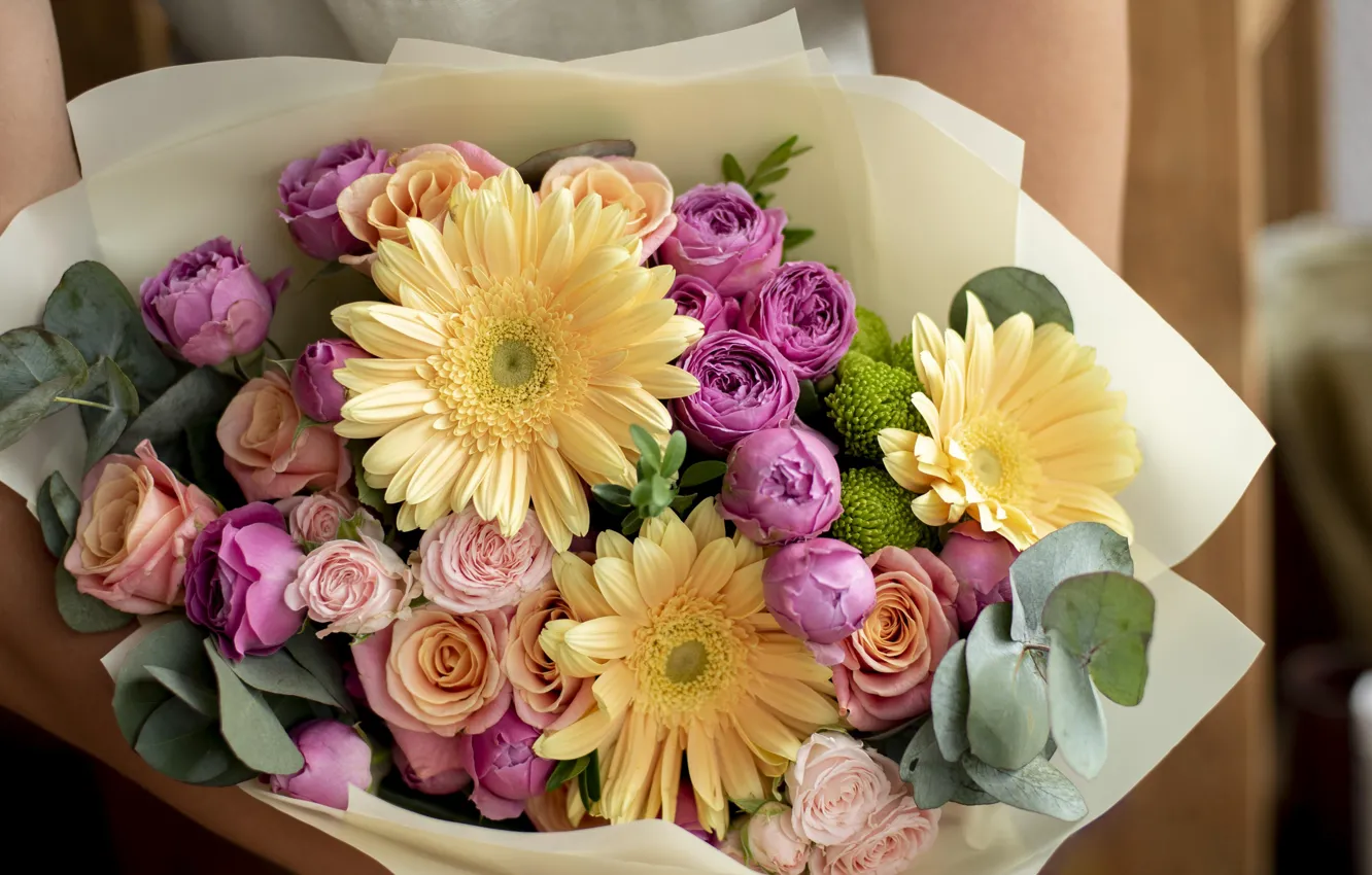 Photo wallpaper flowers, roses, gerbera