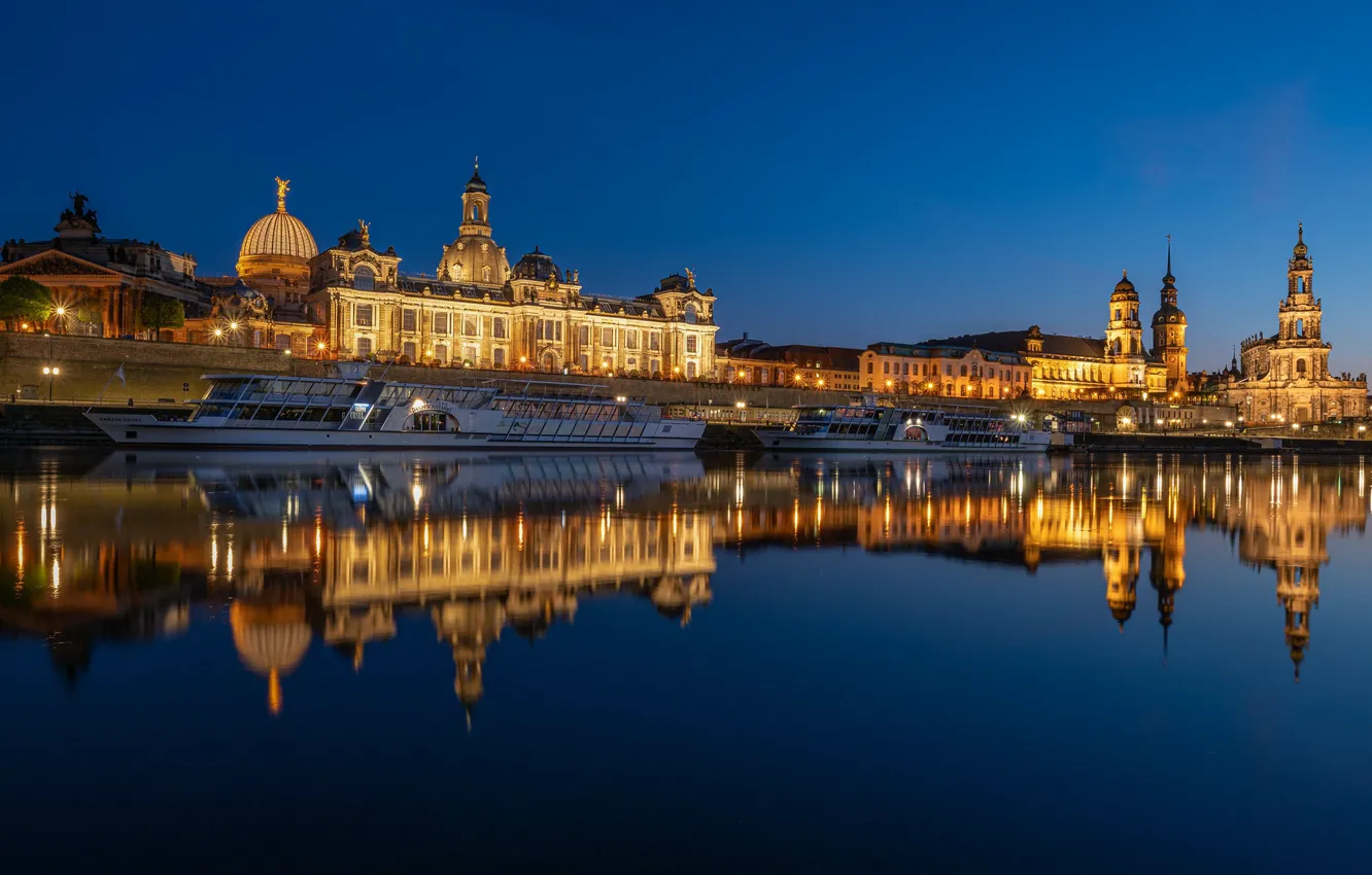 Photo wallpaper reflection, river, building, Germany, Dresden, architecture, night city, Germany