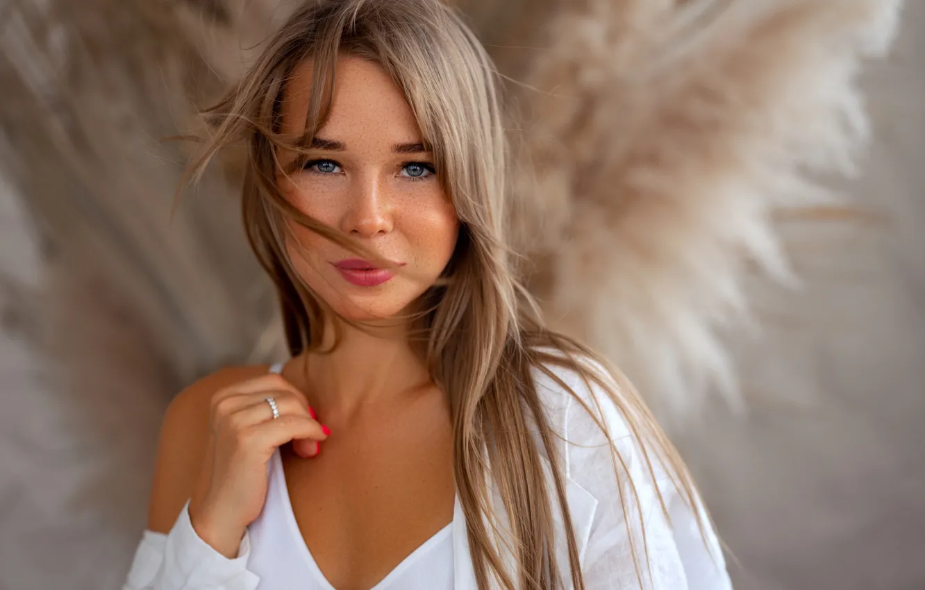 Photo wallpaper look, girl, face, portrait, blonde, long hair, Andrey Zhukov, Kristina Lude