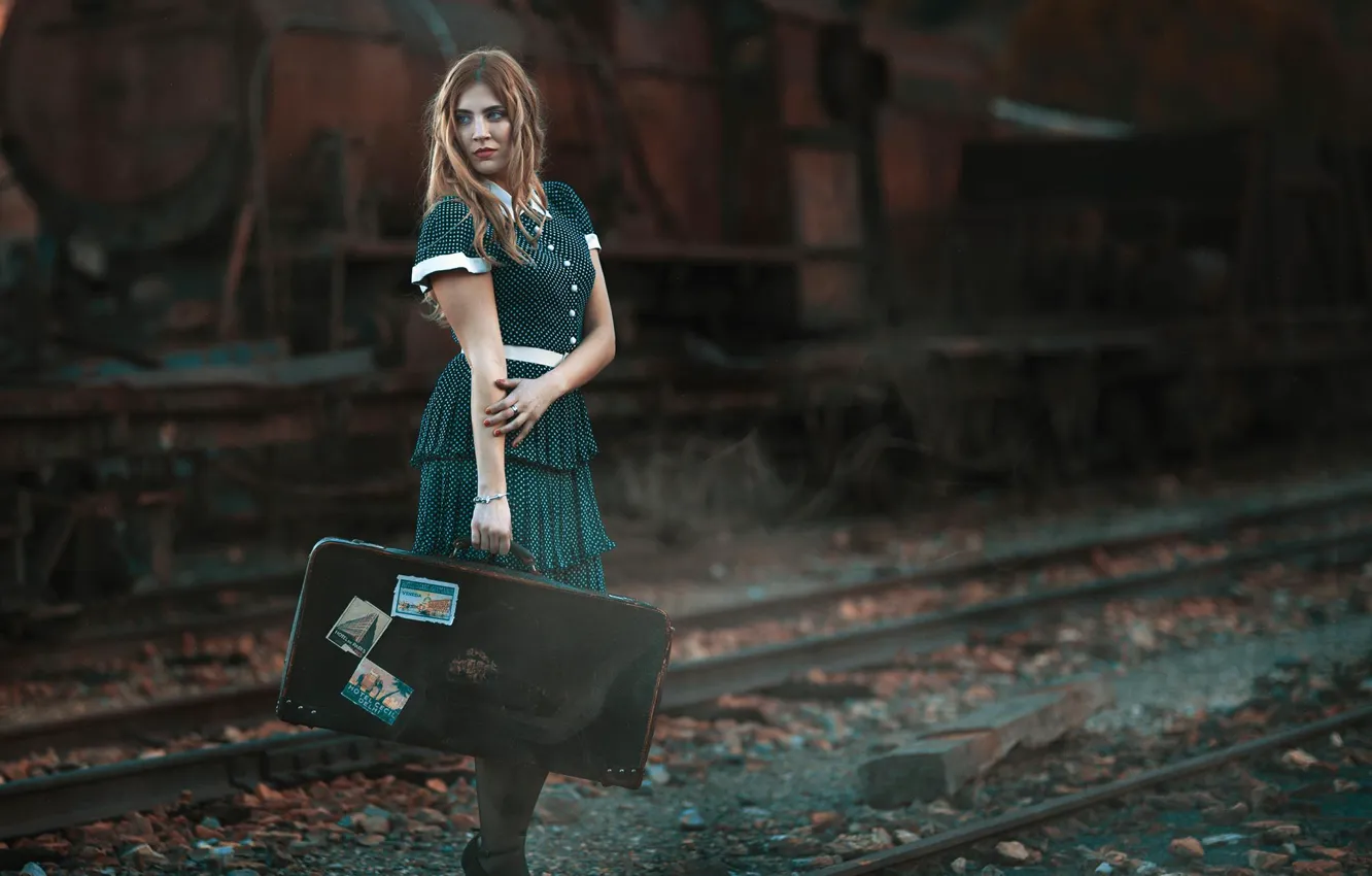 Photo wallpaper girl, pose, mood, rails, the engine, suitcase, Antonio Conde