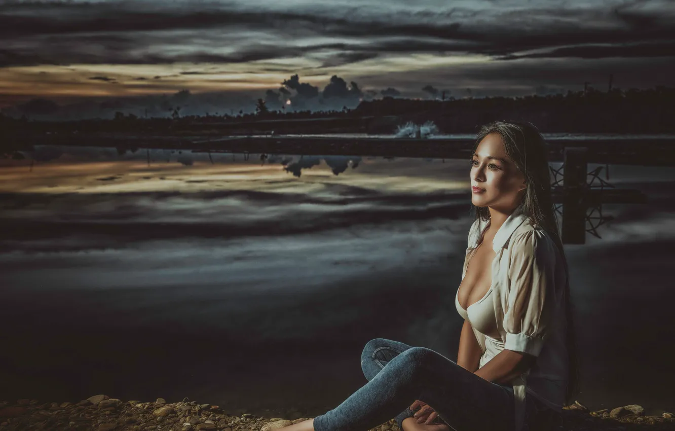 Photo wallpaper nature, mood, jeans, blouse, Asian