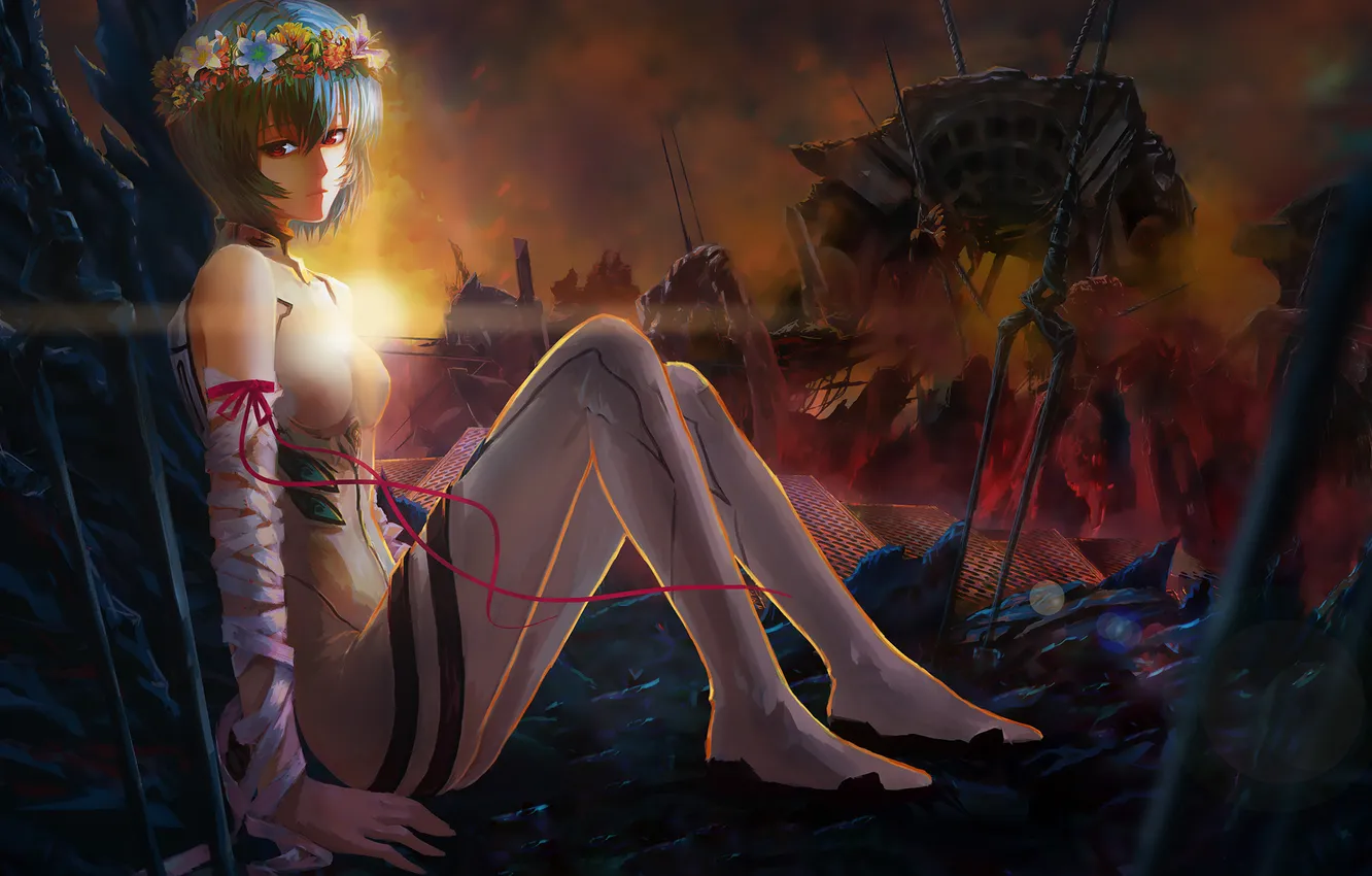 Photo wallpaper girl, sunset, flowers, robot, sword, art, tape, Neon Genesis Evangelion