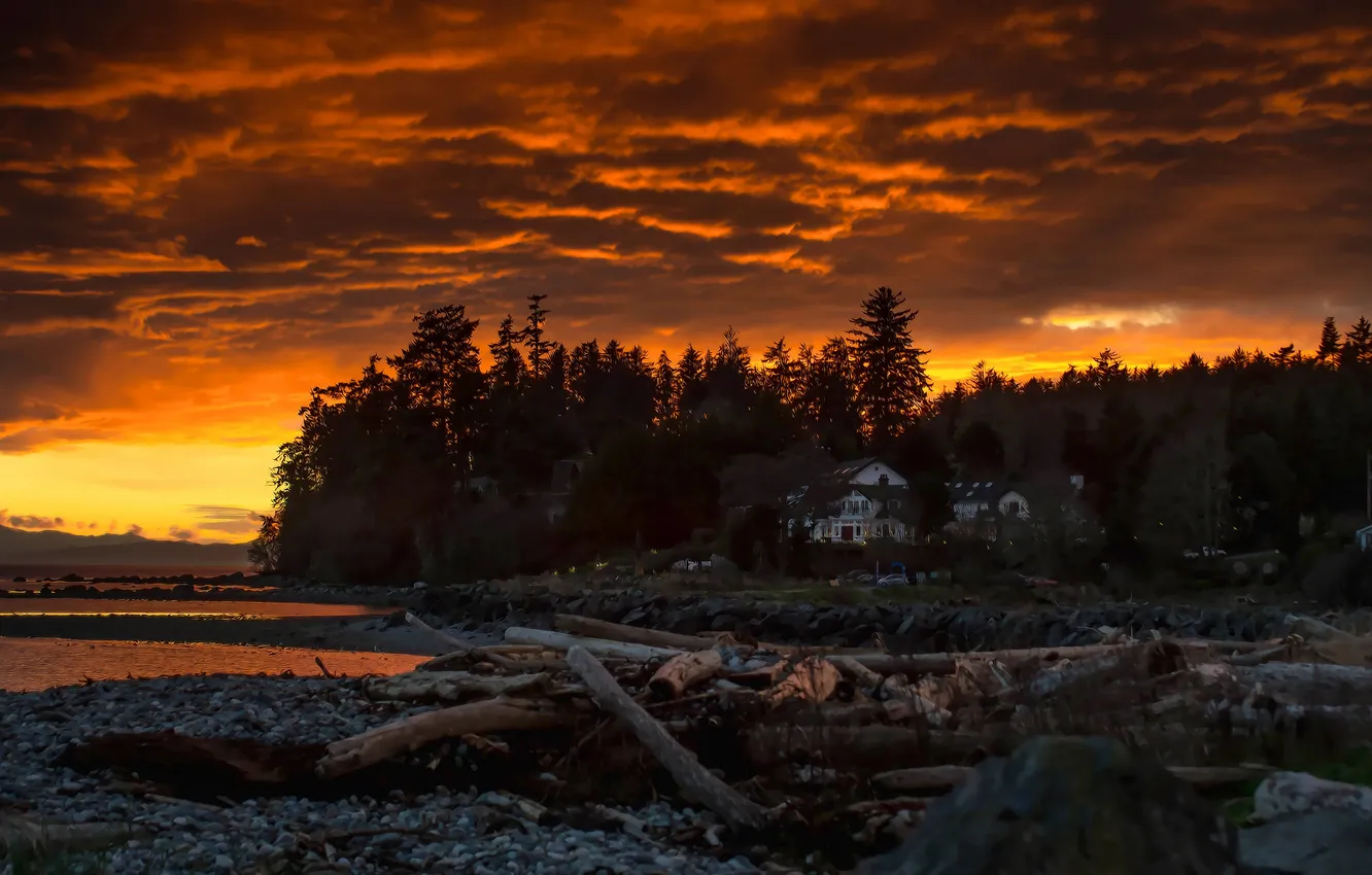Photo wallpaper clouds, lake, home, snag, sunrise, orange sky