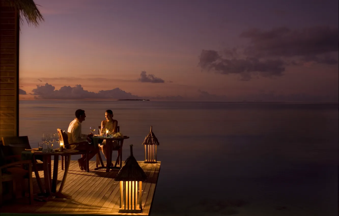 Photo wallpaper the ocean, romance, the evening, two, dinner, couple dining