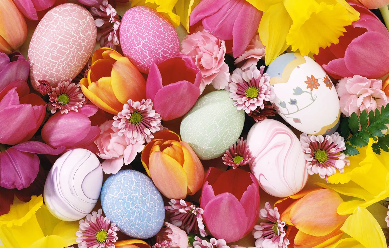 Photo wallpaper flowers, eggs, Easter, bright