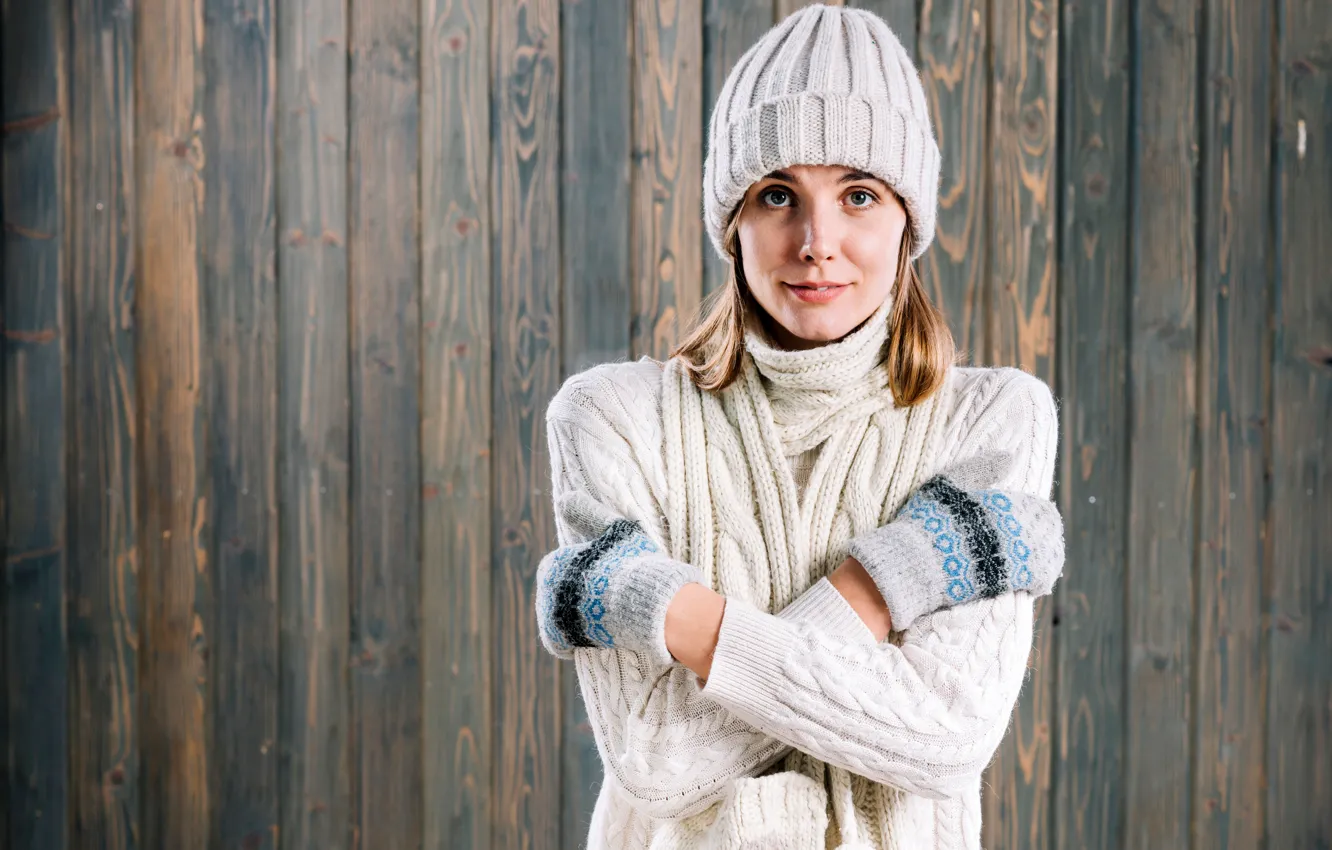 Photo wallpaper winter, look, girl, pose, background, hat, portrait, hands