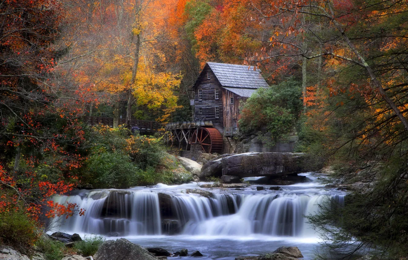Photo wallpaper autumn, forest, house, river, stones, foliage, waterfall, water mill