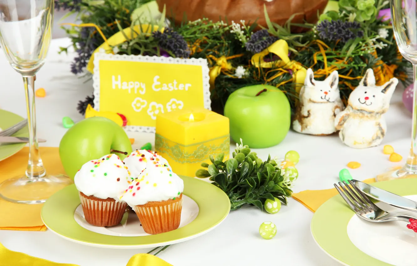 Photo wallpaper flowers, table, eggs, Easter, cake, cake, flowers, Easter
