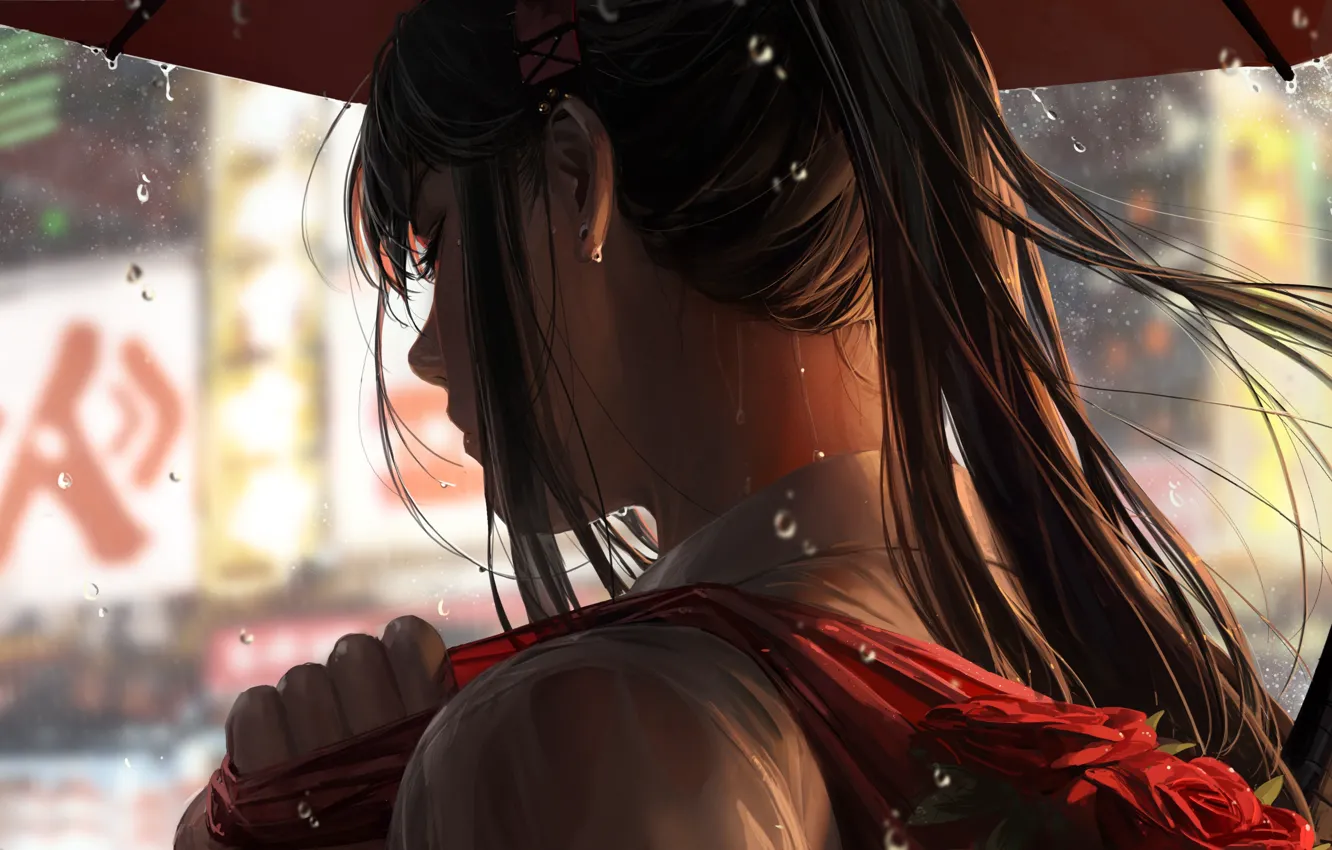 Photo wallpaper girl, rain, roses, umbrella, package, Guweiz