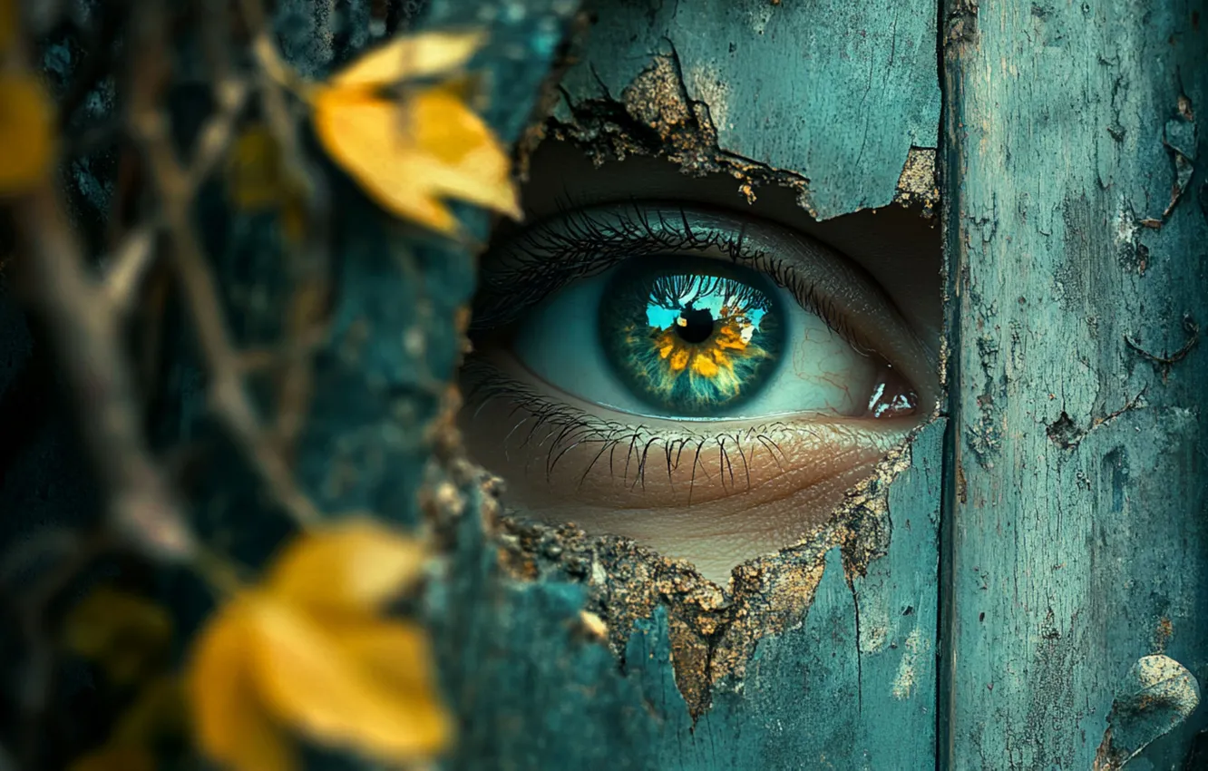 Photo wallpaper autumn, eyes, leaves, girl, branches, Board, the fence, Shine