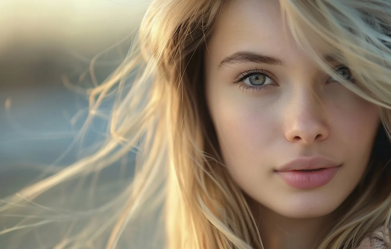 Photo wallpaper look, girl, face, portrait, blonde, flowing hair, AI art, neural network