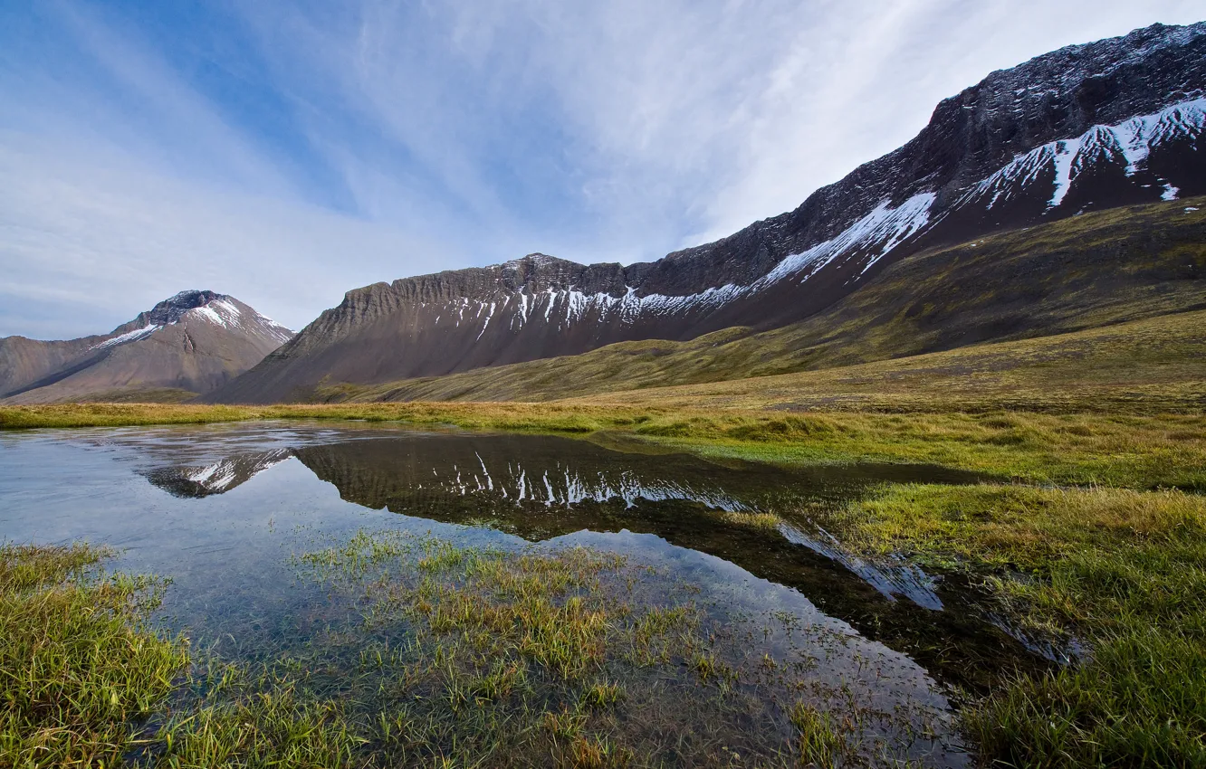 Photo wallpaper the sky, grass, clouds, mountains, lake, reflection, valley, Iceland