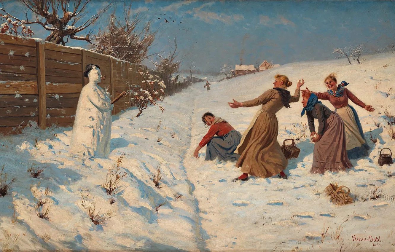 Photo wallpaper Norwegian painter, Hans Dahl, Hans Dahl, Norwegian painter, Throwing snowballs, Throwing snowballs