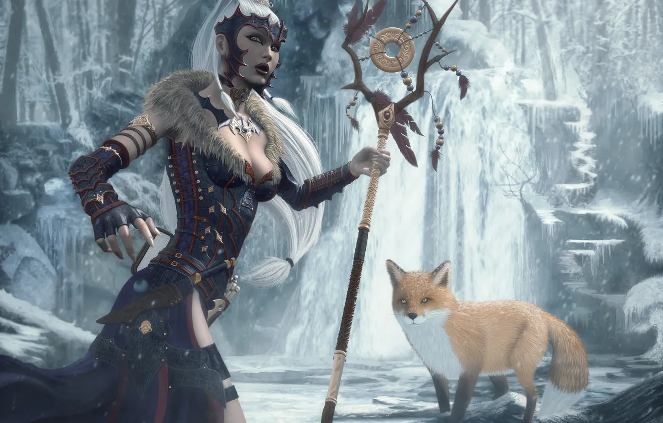 Photo wallpaper winter, forest, girl, snow, dress, Fox, fox