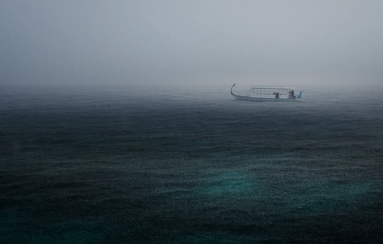 Photo wallpaper sea, the storm, rain, boat