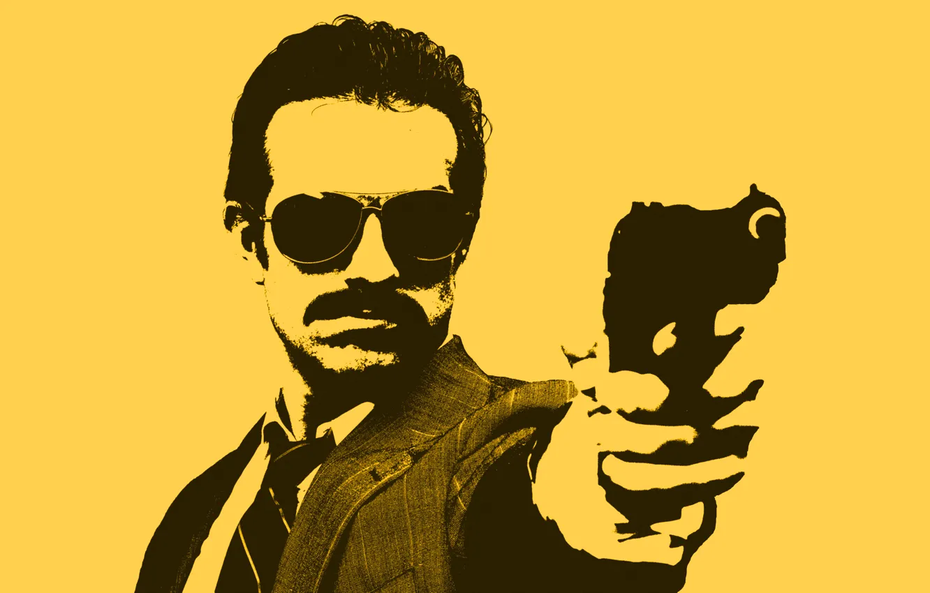 Photo wallpaper yellow, gun, figure, Minimalism, glasses, male, detective, COP