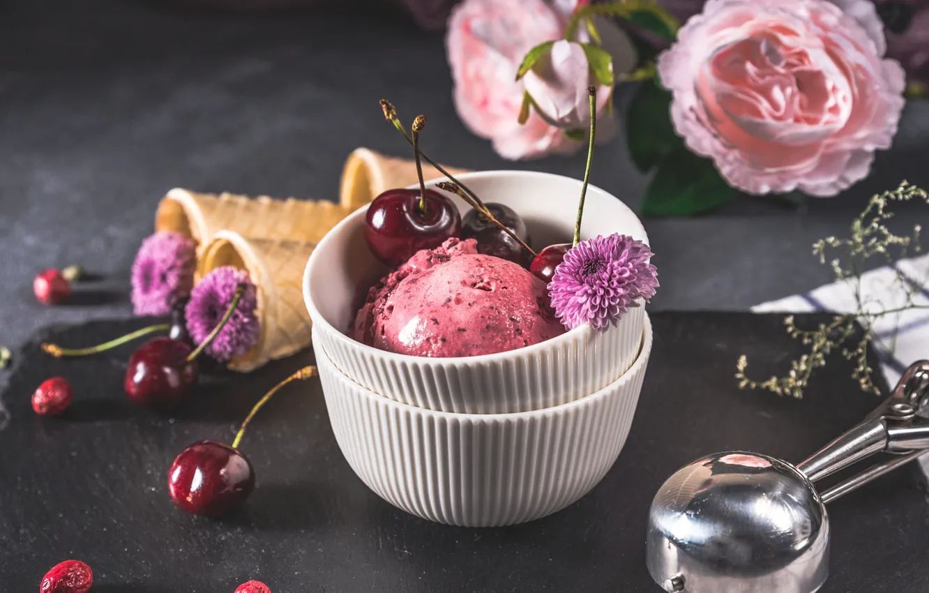 Photo wallpaper flowers, cherry, table, roses, cherry, ice cream, pink, bowl