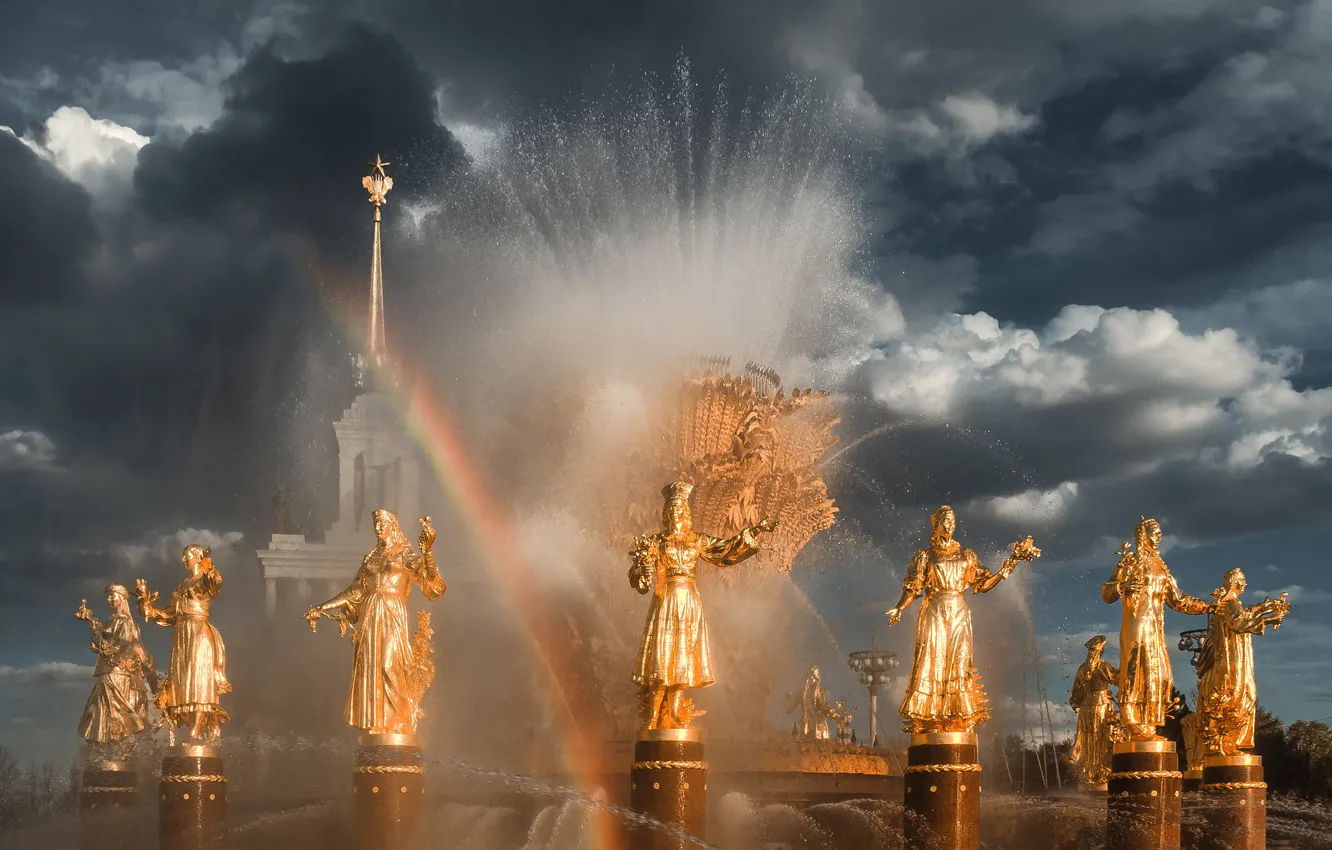 Photo wallpaper the sky, water, clouds, the city, rainbow, Moscow, fountain, ENEA