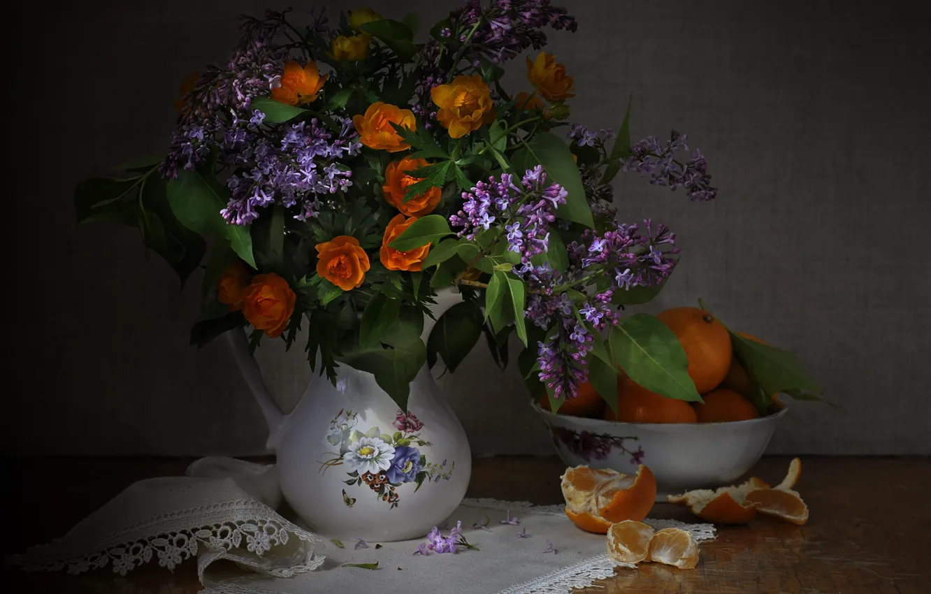 Photo wallpaper flowers, bouquet, still life, tangerines