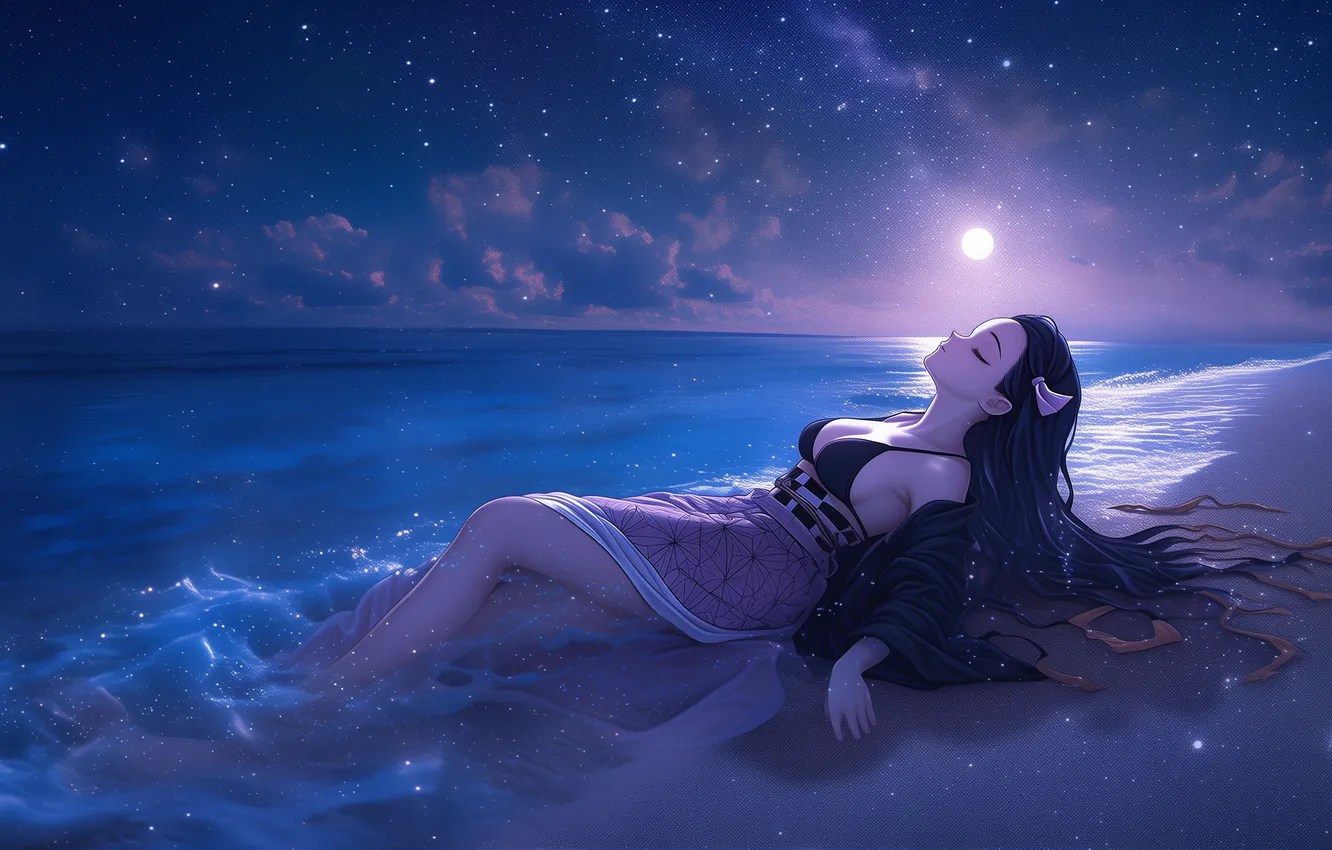 Photo wallpaper beach, blade, Nezuko Kamado, The Blade Cleaves Demons, Nasuko Of Kamado, Nezuko, Night beach, Nezuko
