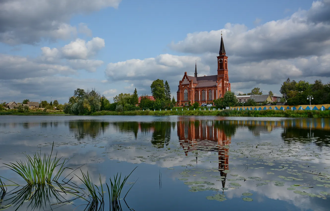 Photo wallpaper landscape, lake, architecture, journey, the Church, Supplies