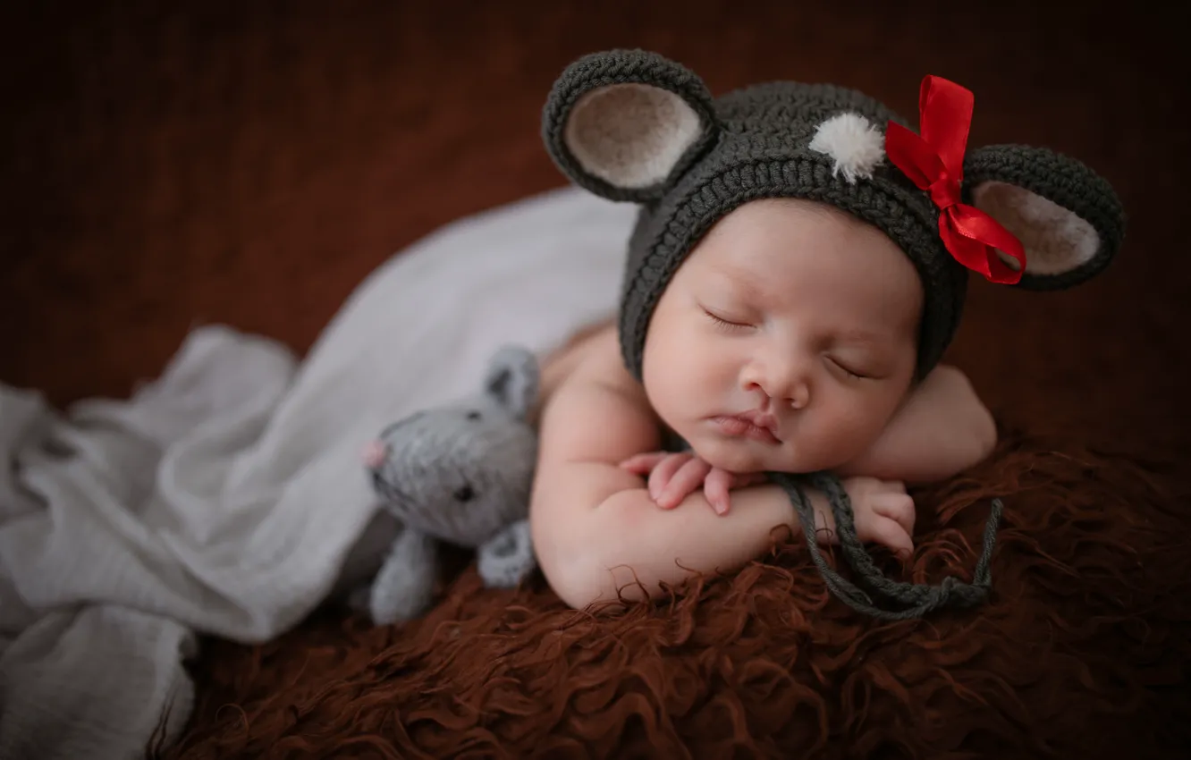 Photo wallpaper pose, toy, child, sleep, mouse, baby, blanket, costume