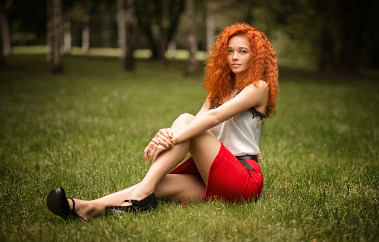 Photo wallpaper girl, grass, blouse, trees, model, women, redhead, sitting