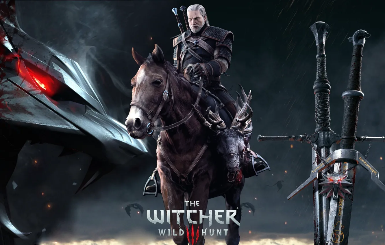 Photo wallpaper Horse, Swords, The Witcher, Geralt, Geralt of Rivia, Butcher Blaviken, Gwynbleidd, White Wolf