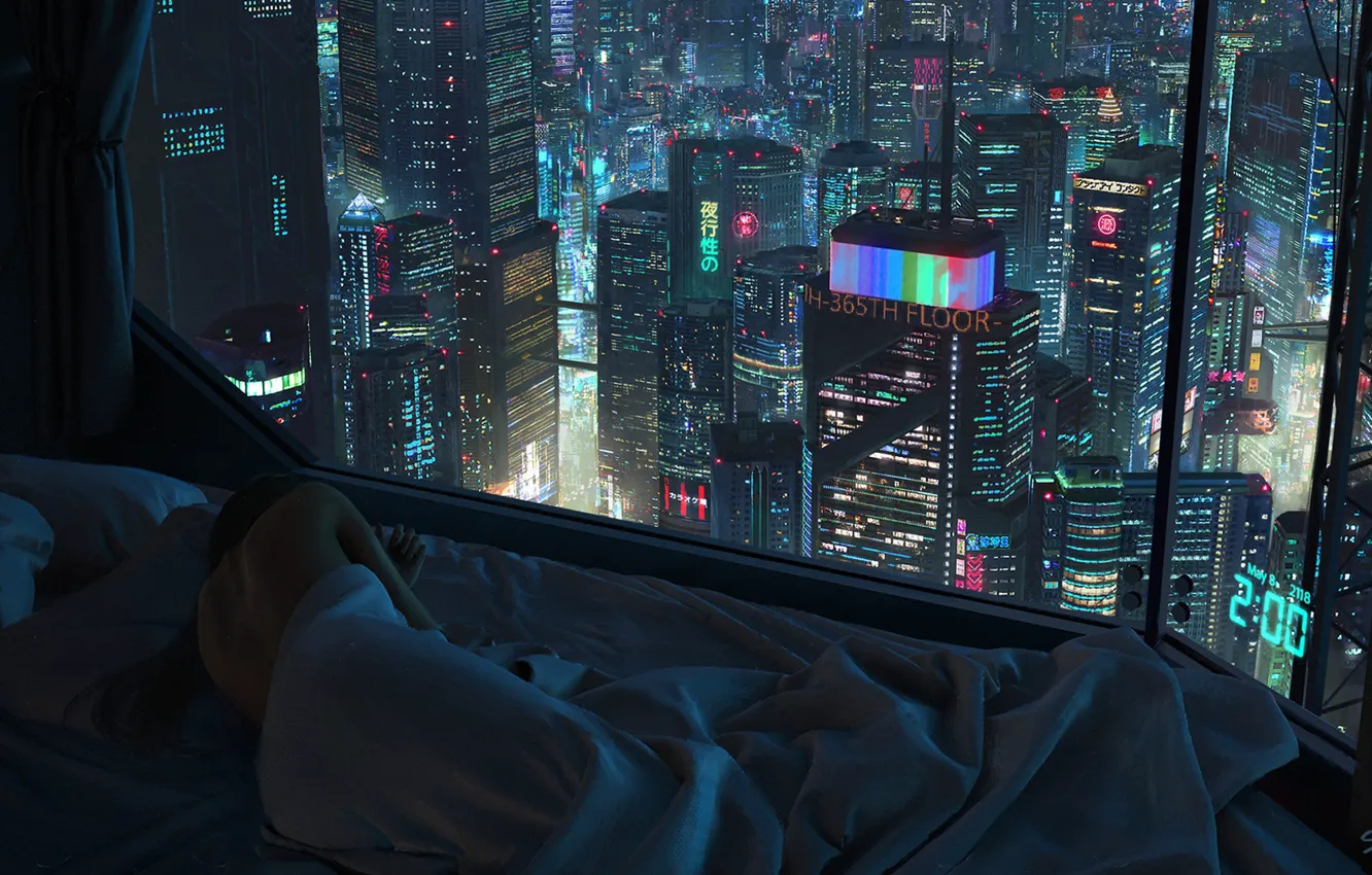 Photo wallpaper girl, night, city, the city, bed, sleep, window, night